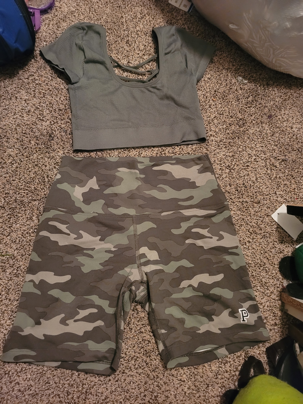 aerie Olive Ribbed Crop Top And PINK high Waist Biker Shorts